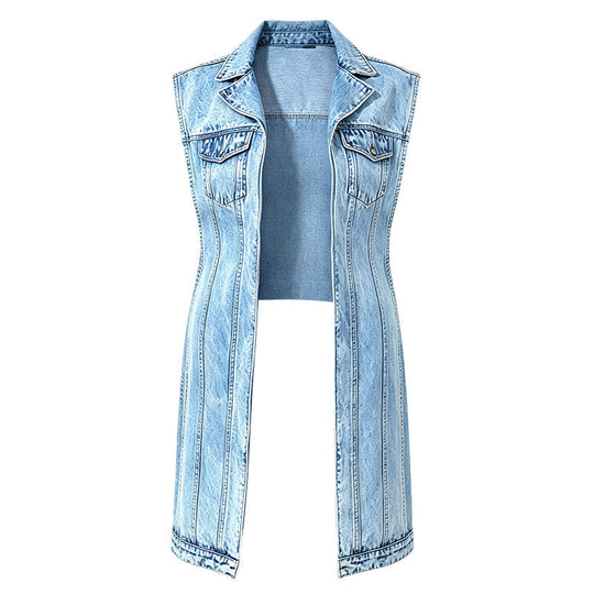 🎉50% OFF! 🧥Women Sleeveless High Slit Denim Vest Dress – Patchwork Longline Jean Waistcoat ✨