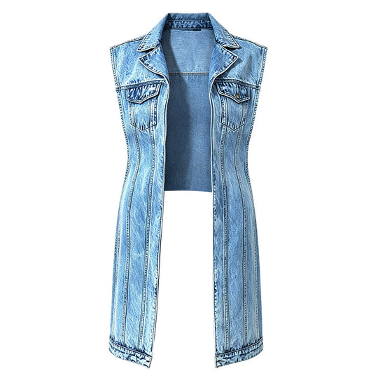 🎉 2026 Sale — Over 24,000 Sold! 💞 Women Sleeveless High Slit Denim Vest Dress Longline Jean Jacket