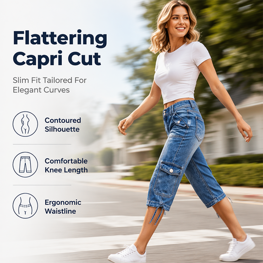 👖 Vintage Cargo Capri Jeans with Drawstring Hem – Functional Pockets & Relaxed Style for City Days