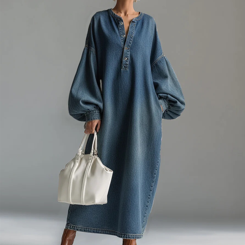 👗 Long Lantern Sleeve Maxi Denim Dress – Flowing Silhouette for Effortless Style