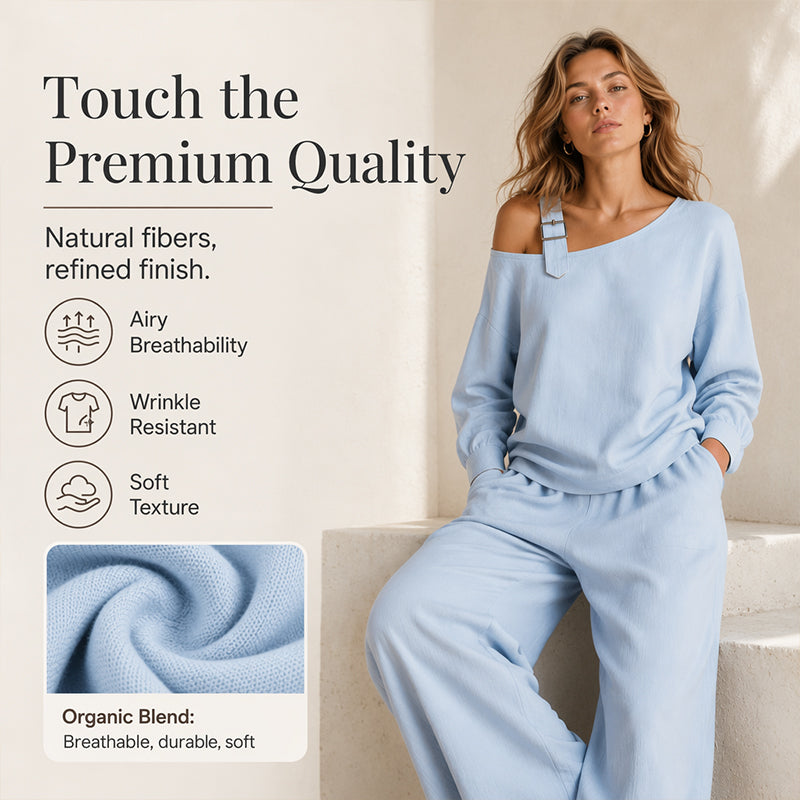 📢📢LIMITED-TIME 50% OFF!! 🔥Bestseller🔥 Off-shoulder Wide-leg Two-piece Set, Made Of Soft Blended Fabric, Creating An Elegant Dilhouette.
