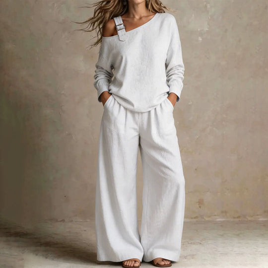 📢📢LIMITED-TIME 50% OFF!! 🔥Bestseller🔥 Off-shoulder Wide-leg Two-piece Set, Made Of Soft Blended Fabric, Creating An Elegant Dilhouette.