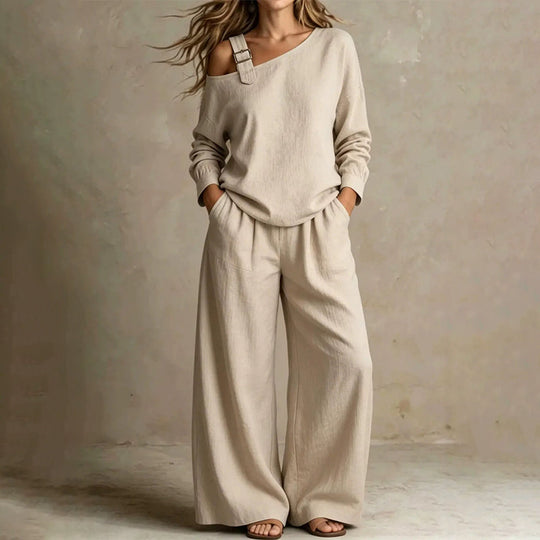 📢📢LIMITED-TIME 50% OFF!! 🔥Bestseller🔥 Off-shoulder Wide-leg Two-piece Set, Made Of Soft Blended Fabric, Creating An Elegant Dilhouette.