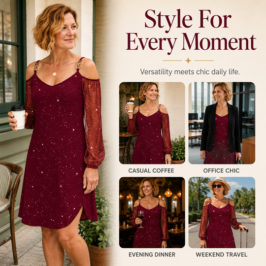 ⌛Limited-Time Offer-Women's Elegant Off-Shoulder Dress with Mesh Sleeves
