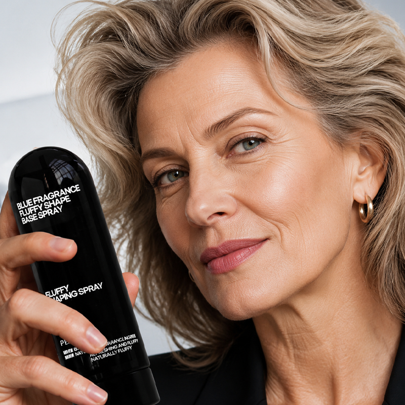 Woman holding the hair styling spray with a naturally lifted hairstyle