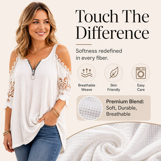 Must-Have🔥 Lace Cold Shoulder Top with Zipper – Edgy Detail & Breathable Fabric for Effortless Style ✨