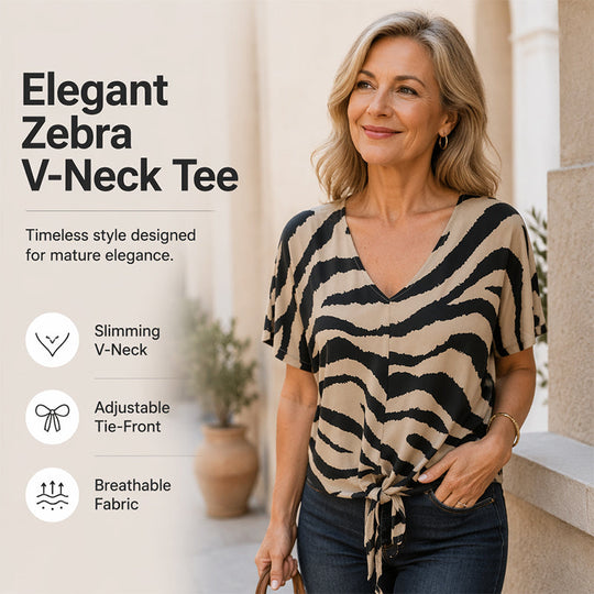 👚 2026 Sale — Over 44,000 Sold! ✨ Women's V‑Neck Tie‑Front Zebra Print T‑Shirt