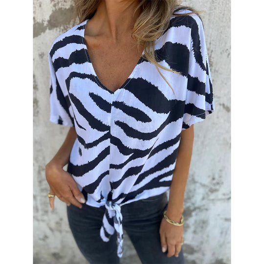 👚 2026 Sale — Over 44,000 Sold! ✨ Women's V‑Neck Tie‑Front Zebra Print T‑Shirt