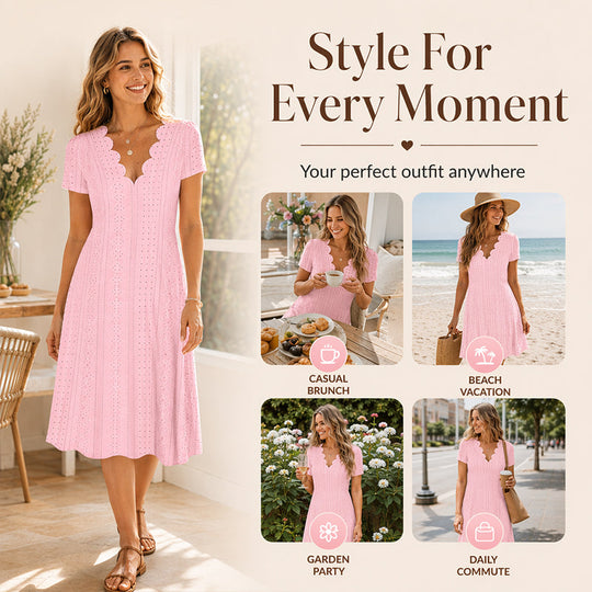 👗Top Pick - V-Neck Eyelet Dress with Scallop Trim – Lightweight & Romantic for Garden Parties or Brunch 🌿