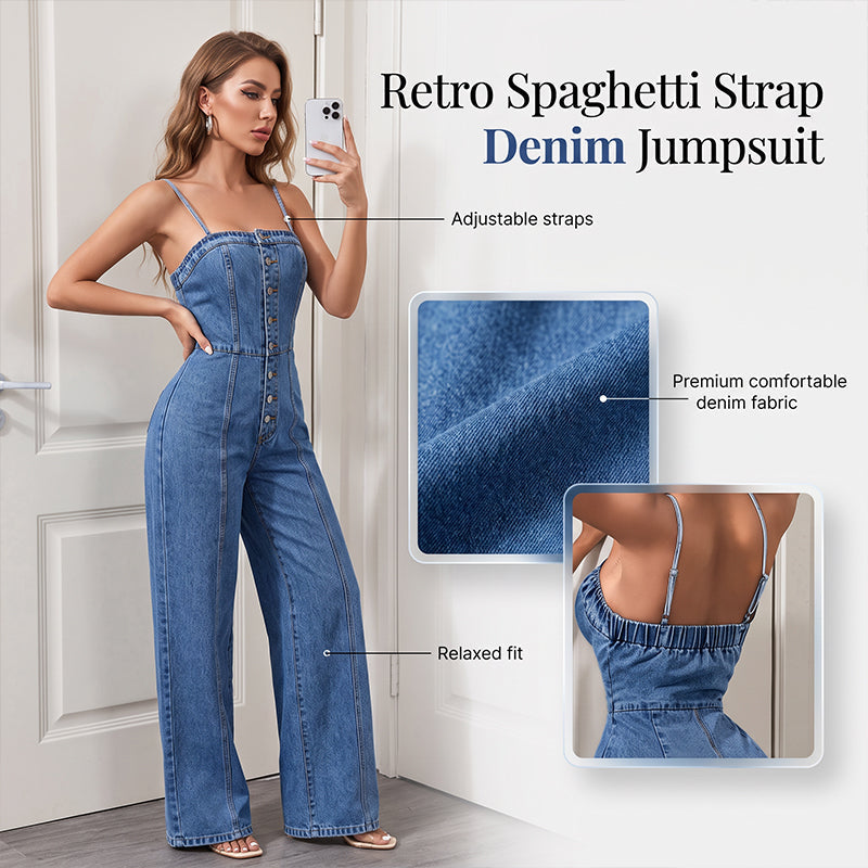 📢📢50% OFF !!⏰Women Spaghetti Strap Wide Leg Denim Jumpsuit