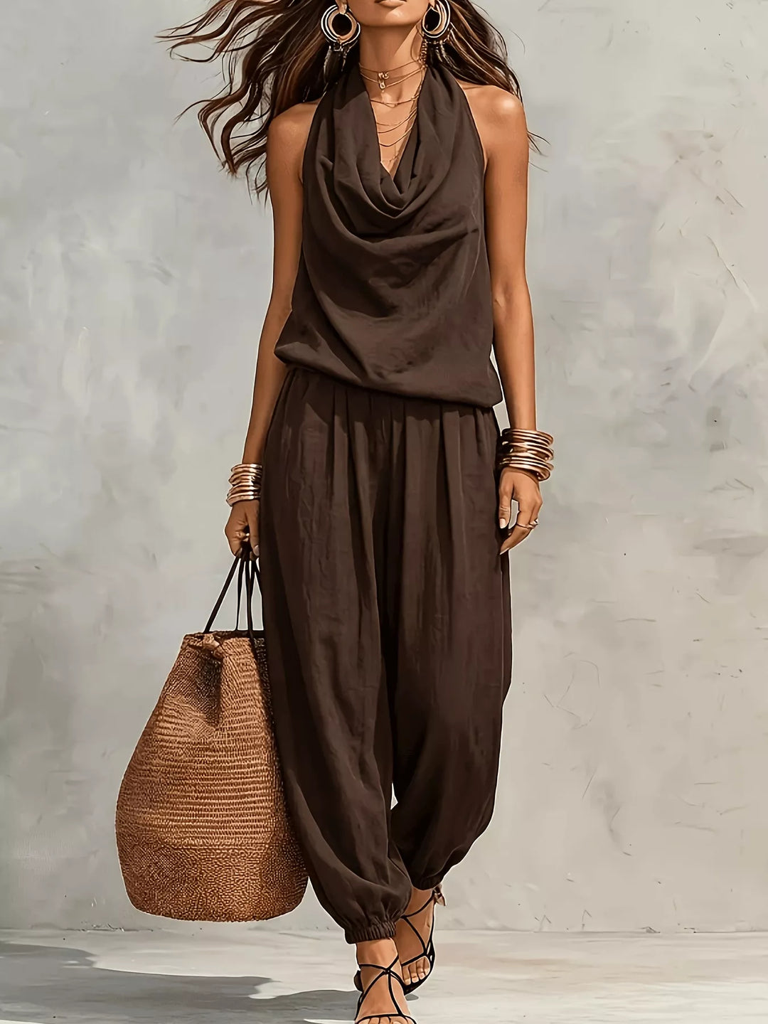 💃 2026 Sale — Over 33,000 Sold!🔥 Chic Draped Halter Neck Jumpsuit – Relaxed Wide-Leg Silhouette ✨