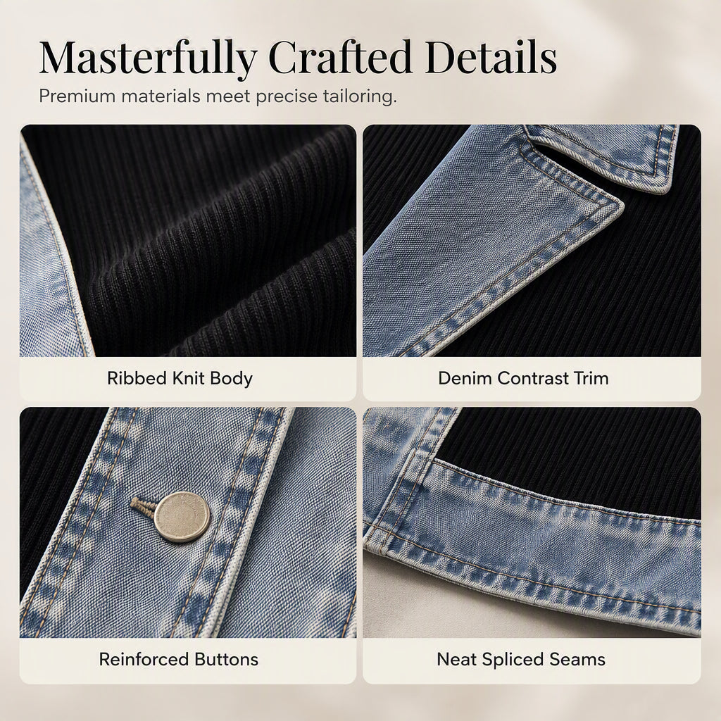 ⌛Limited-Time Offer-Women’s Elegant Denim Spliced Ribbed Knit Coat