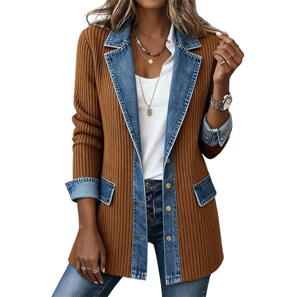 ⌛Limited-Time Offer-Women’s Elegant Denim Spliced Ribbed Knit Coat