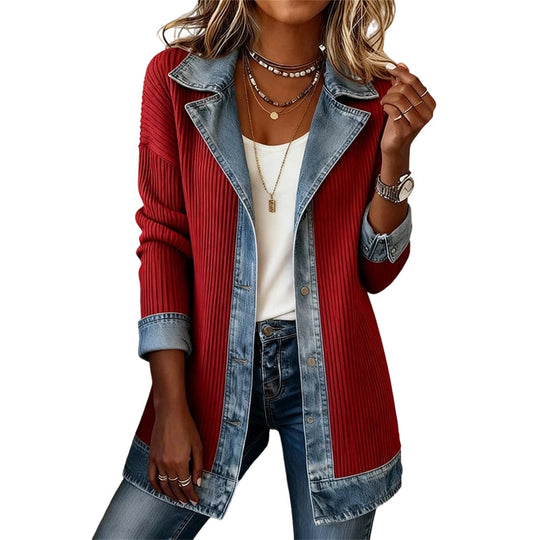 ⌛Limited-Time Offer-Women’s Elegant Denim Spliced Ribbed Knit Coat