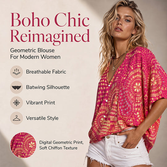 📢📢 Last Day Special Price $19.99! ⭐Trending Now👚 Boho Print Batwing Sleeve Top – Flowing V-Neck & Effortless Bohemian Style