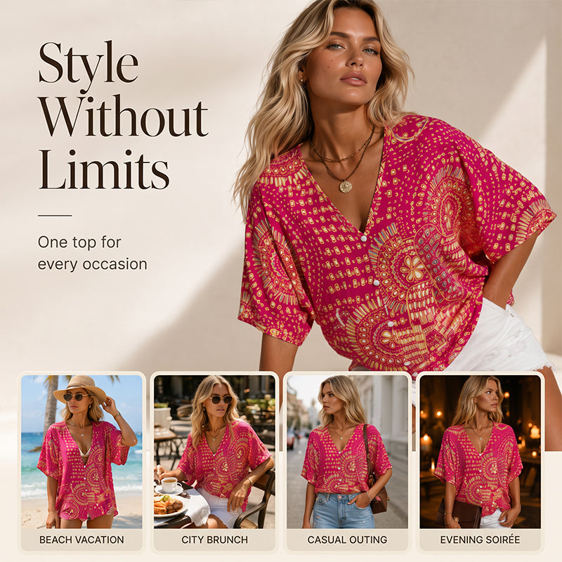 📢📢 Last Day Special Price $19.99! ⭐Trending Now👚 Boho Print Batwing Sleeve Top – Flowing V-Neck & Effortless Bohemian Style