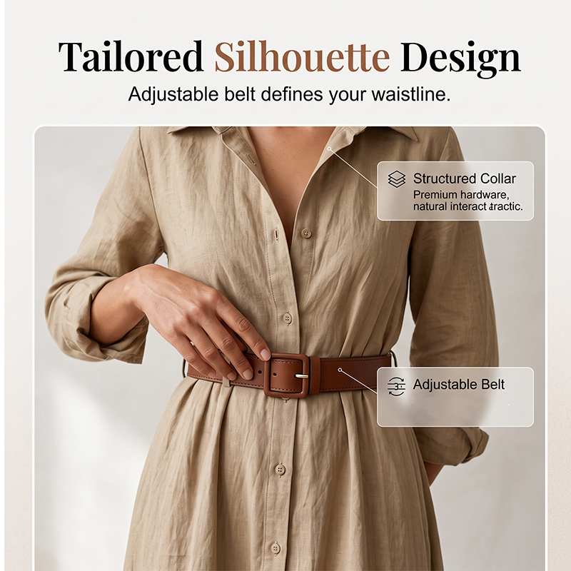 ⏰️LIMITED-TIME 50% OFF!💖Women Long Sleeve Shirt Maxi Dress with Belt Classic Turndown Collar Holiday Resort Long Dress