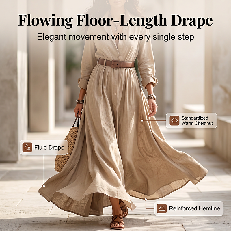 ⏰️LIMITED-TIME 50% OFF!💖Women Long Sleeve Shirt Maxi Dress with Belt Classic Turndown Collar Holiday Resort Long Dress