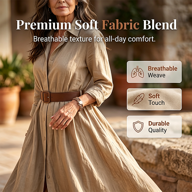 ⏰️LIMITED-TIME 50% OFF!💖Women Long Sleeve Shirt Maxi Dress with Belt Classic Turndown Collar Holiday Resort Long Dress
