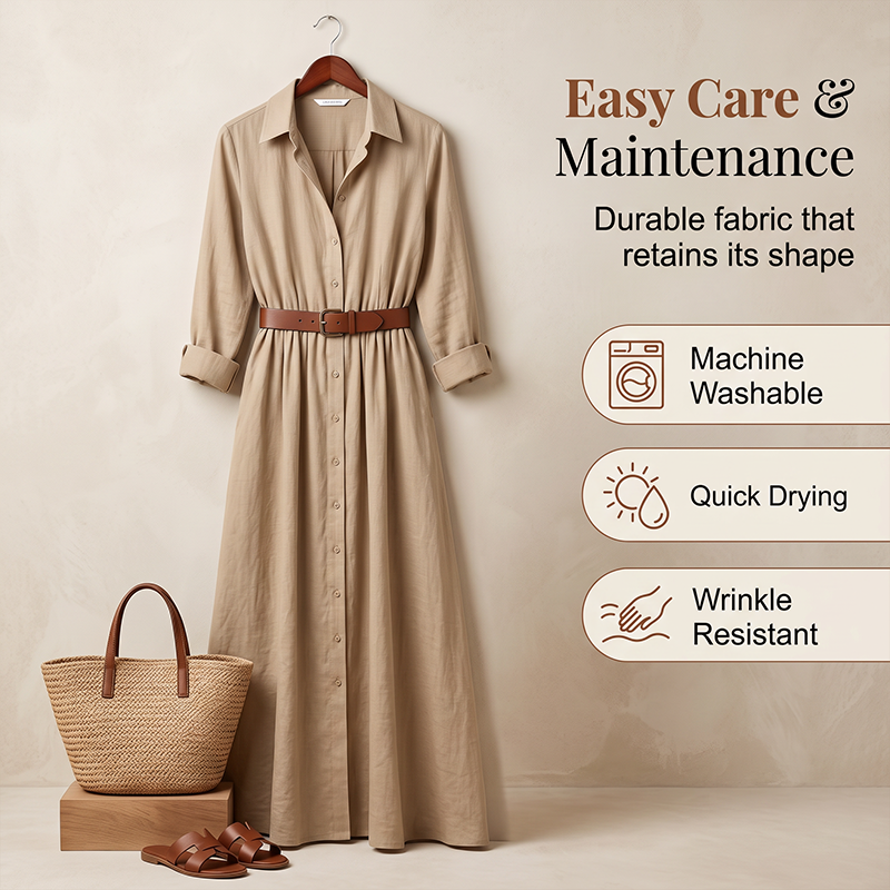 ⏰️LIMITED-TIME 50% OFF!💖Women Long Sleeve Shirt Maxi Dress with Belt Classic Turndown Collar Holiday Resort Long Dress