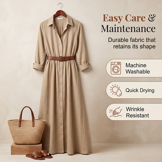 ⏰️LIMITED-TIME 50% OFF!💖Women Long Sleeve Shirt Maxi Dress with Belt Classic Turndown Collar Holiday Resort Long Dress