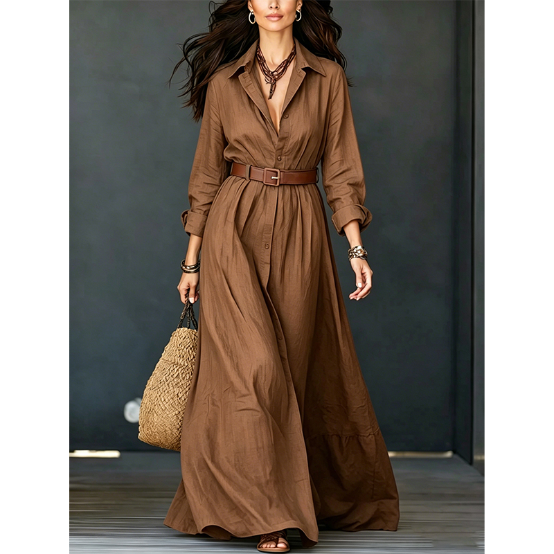 ⏰️LIMITED-TIME 50% OFF!💖Women Long Sleeve Shirt Maxi Dress with Belt Classic Turndown Collar Holiday Resort Long Dress