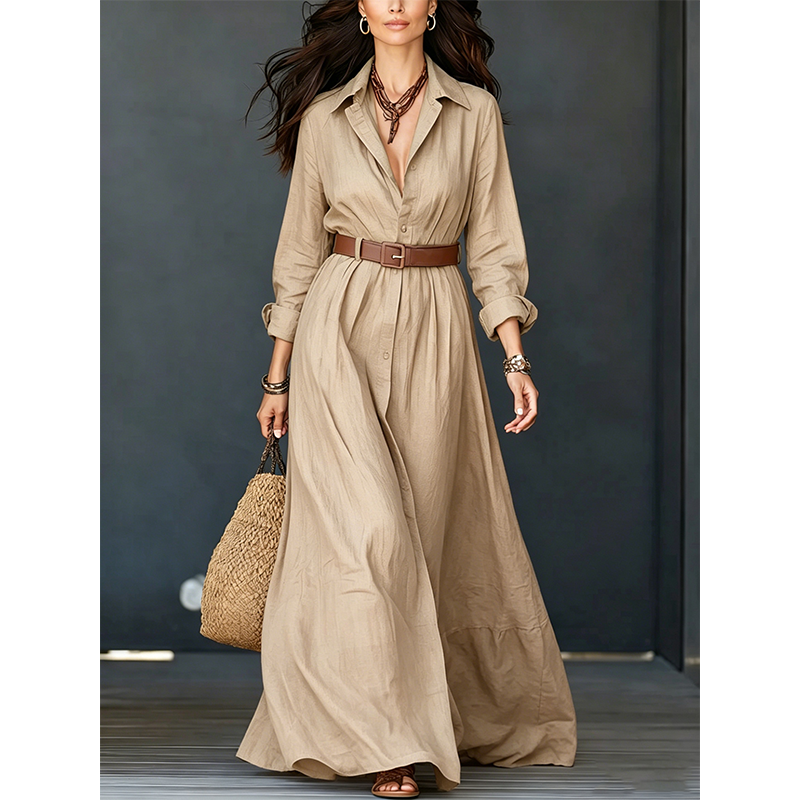 ⏰️LIMITED-TIME 50% OFF!💖Women Long Sleeve Shirt Maxi Dress with Belt Classic Turndown Collar Holiday Resort Long Dress