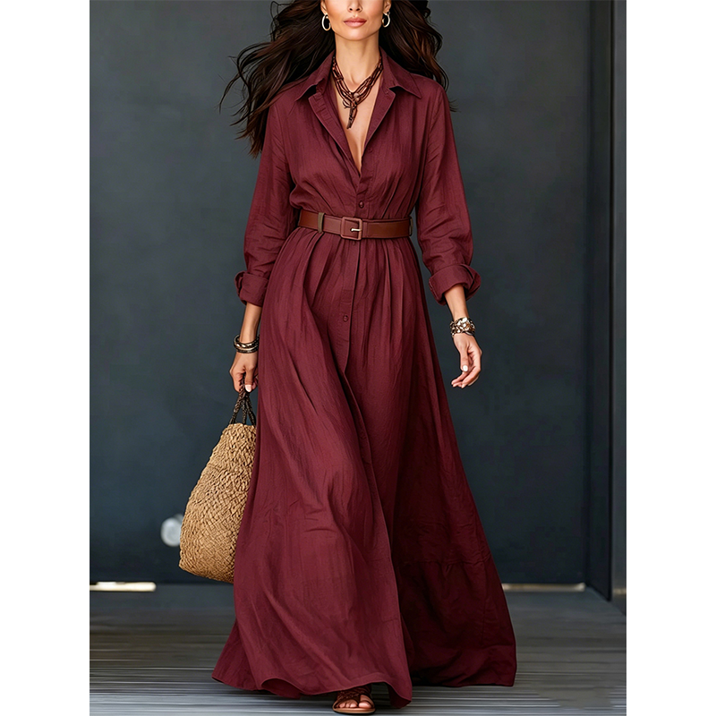 ⏰️LIMITED-TIME 50% OFF!💖Women Long Sleeve Shirt Maxi Dress with Belt Classic Turndown Collar Holiday Resort Long Dress