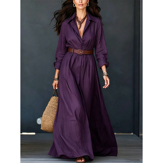 ⏰️LIMITED-TIME 50% OFF!💖Women Long Sleeve Shirt Maxi Dress with Belt Classic Turndown Collar Holiday Resort Long Dress