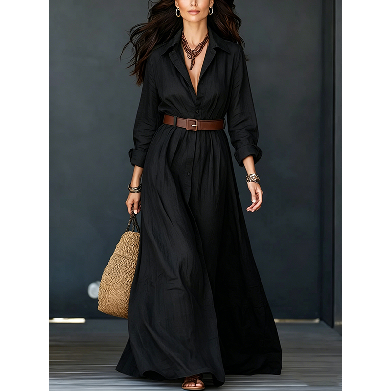 ⏰️LIMITED-TIME 50% OFF!💖Women Long Sleeve Shirt Maxi Dress with Belt Classic Turndown Collar Holiday Resort Long Dress