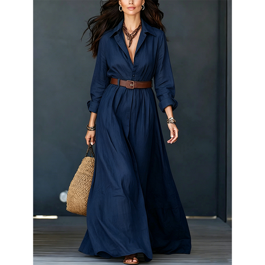 ⏰️LIMITED-TIME 50% OFF!💖Women Long Sleeve Shirt Maxi Dress with Belt Classic Turndown Collar Holiday Resort Long Dress