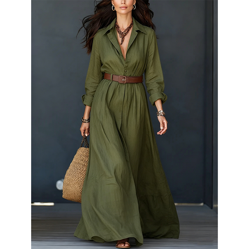 ⏰️LIMITED-TIME 50% OFF!💖Women Long Sleeve Shirt Maxi Dress with Belt Classic Turndown Collar Holiday Resort Long Dress