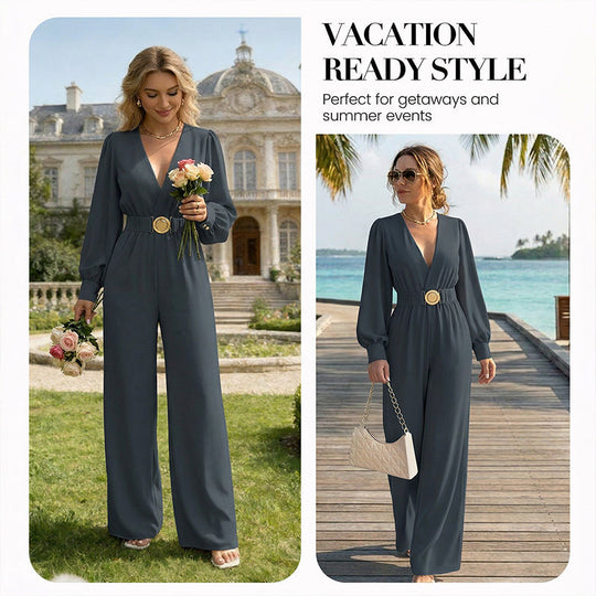 ⌛Limited-Time Discount !☀️New Arrivals - V-Neck Belted Jumpsuit with Flowing Wide-Leg
