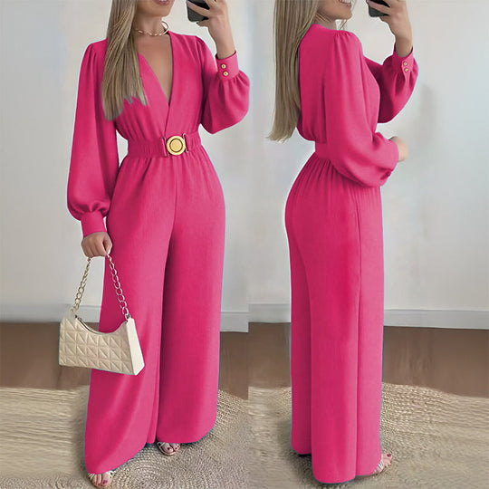 ⌛Limited-Time Discount !☀️New Arrivals - V-Neck Belted Jumpsuit with Flowing Wide-Leg