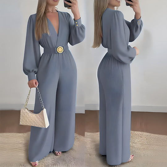 ⌛Limited-Time Discount !☀️New Arrivals - V-Neck Belted Jumpsuit with Flowing Wide-Leg