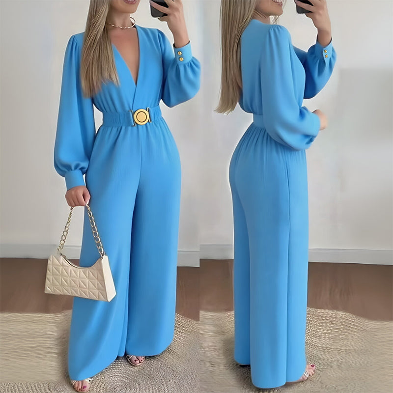 ⌛Limited-Time Discount !☀️New Arrivals - V-Neck Belted Jumpsuit with Flowing Wide-Leg
