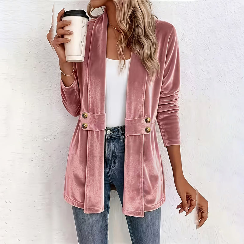☀️🧥Seasonal Style - Double-Breasted Velvet Open Cardigan