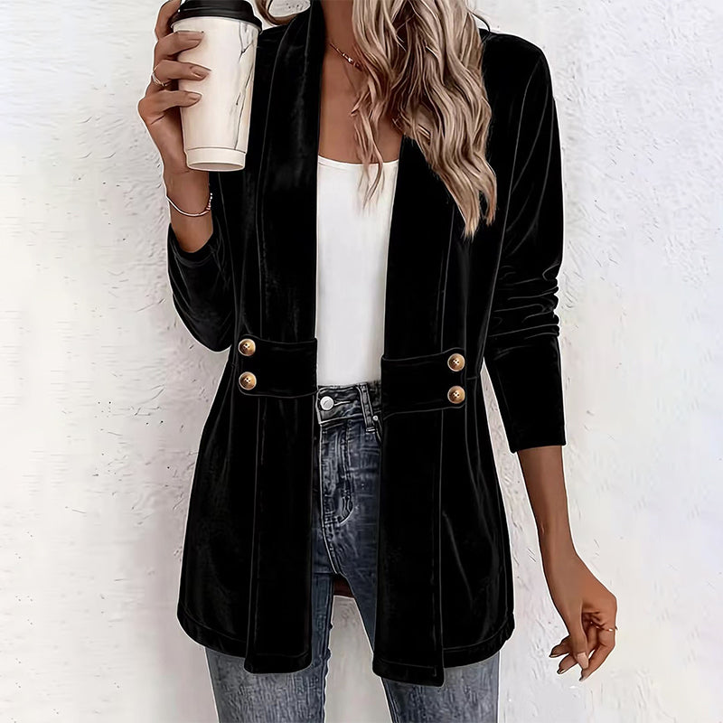 ☀️🧥Seasonal Style - Double-Breasted Velvet Open Cardigan