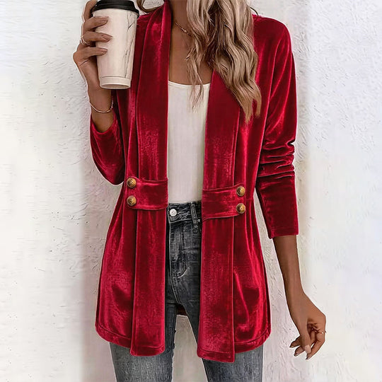 ☀️🧥Seasonal Style - Double-Breasted Velvet Open Cardigan