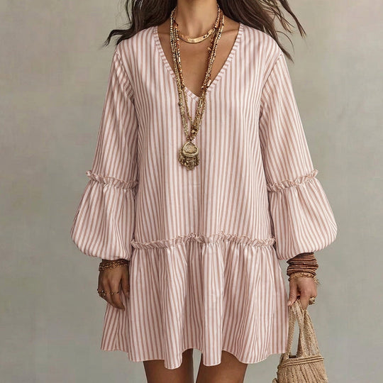 Women Striped V Neck Long Sleeve Lantern Sleeve Loose Dress