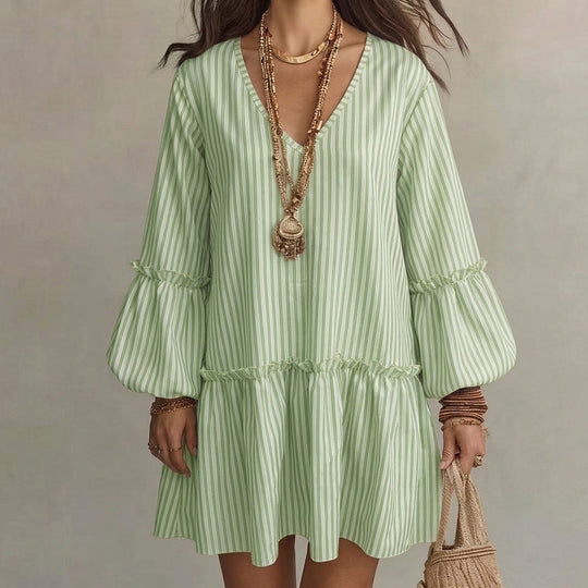 Women Striped V Neck Long Sleeve Lantern Sleeve Loose Dress