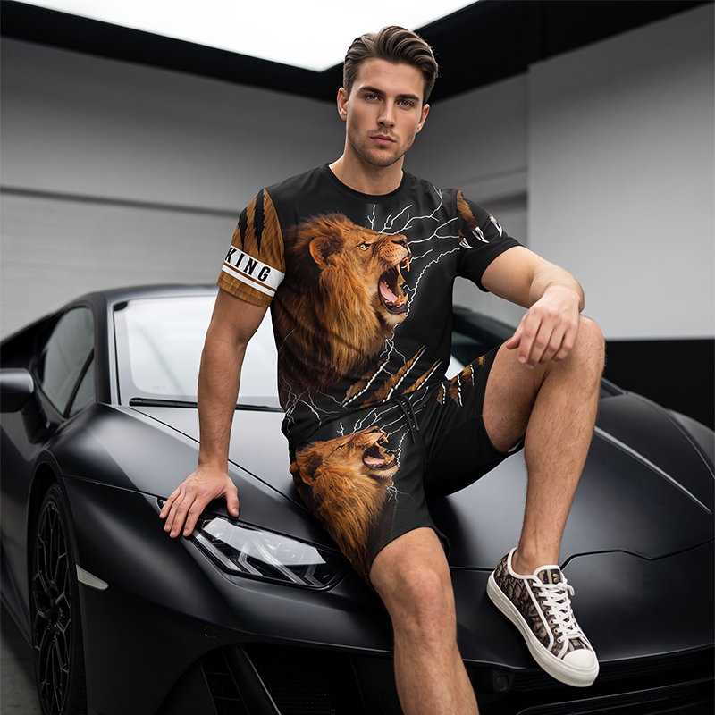 Men's Casual Animal Graphic T-Shirt and Shorts Set