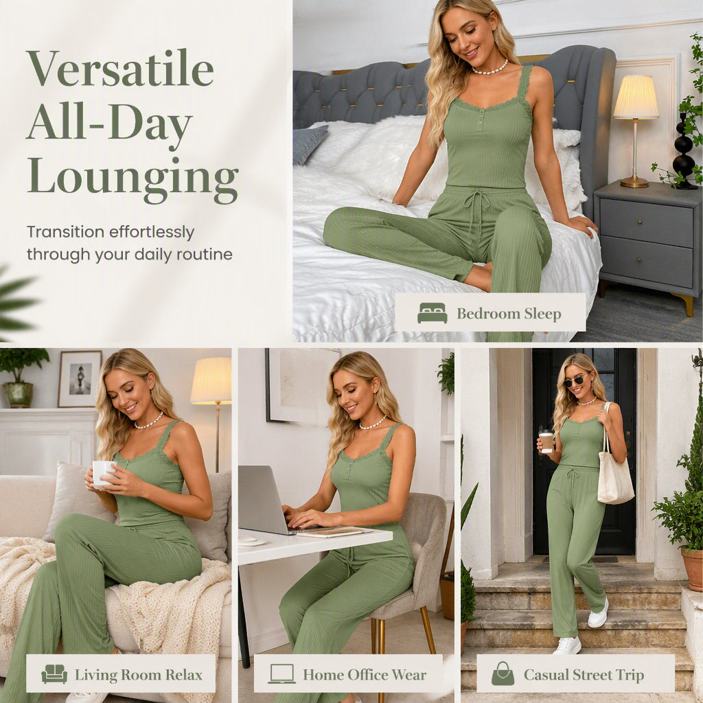 Trending Now⭐🌸 Lace-Trim Camisole & Straight-Leg Pajama Set – Ribbed Texture & Relaxed Fit for Cozy Lounging