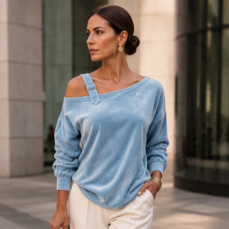 🌸Hot Sale 30% OFF！✨2026 Women's Velvet Off Shoulder Pullover Top – Elegant Loose Fit Long Sleeve Casual Blouse