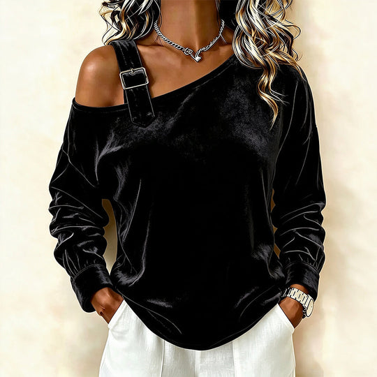 🌸Hot Sale 30% OFF！✨2026 Women's Velvet Off Shoulder Pullover Top – Elegant Loose Fit Long Sleeve Casual Blouse