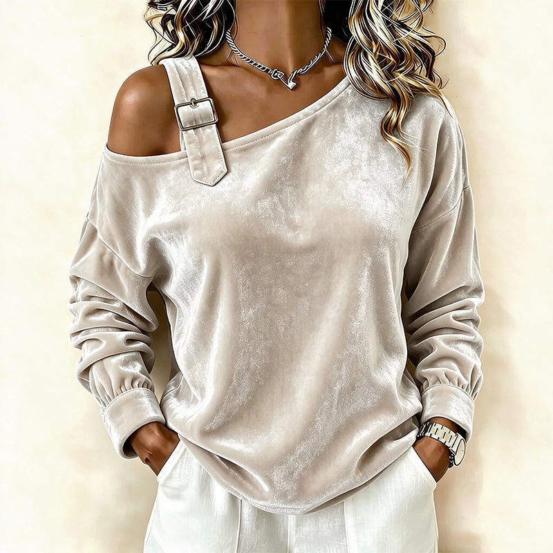 🌸Hot Sale 30% OFF！✨2026 Women's Velvet Off Shoulder Pullover Top – Elegant Loose Fit Long Sleeve Casual Blouse