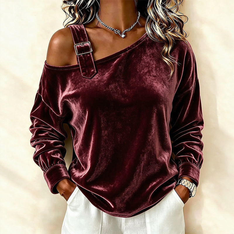 🌸Hot Sale 30% OFF！✨2026 Women's Velvet Off Shoulder Pullover Top – Elegant Loose Fit Long Sleeve Casual Blouse