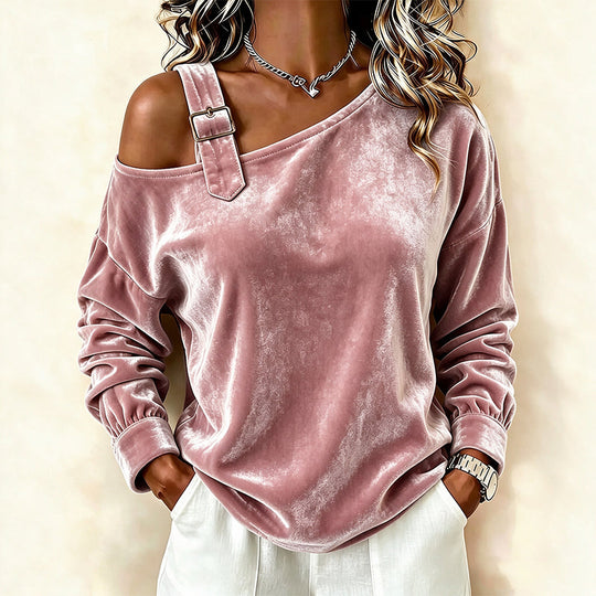 🌸Hot Sale 30% OFF！✨2026 Women's Velvet Off Shoulder Pullover Top – Elegant Loose Fit Long Sleeve Casual Blouse