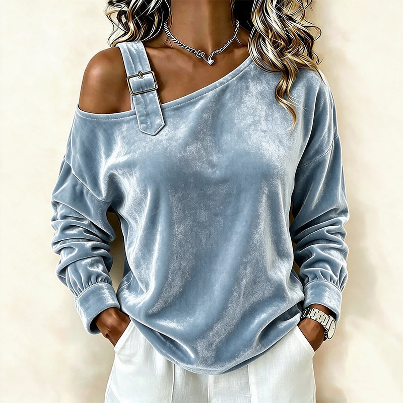 🌸Hot Sale 30% OFF！✨2026 Women's Velvet Off Shoulder Pullover Top – Elegant Loose Fit Long Sleeve Casual Blouse