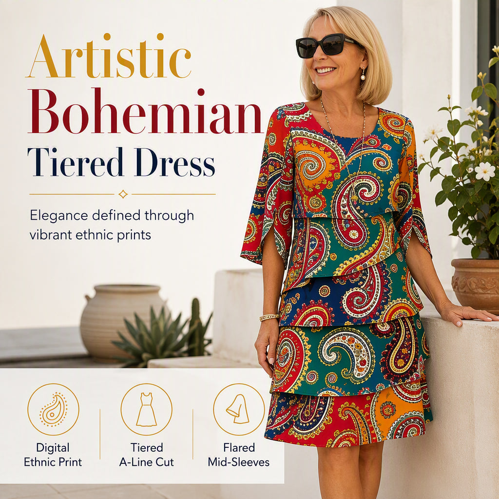 ⌛Limited-Time Offer!🌸2026 Women's Bohemian Ethnic Print V-Neck Tiered Dress – Elegant Flowing A-Line Casual Dress